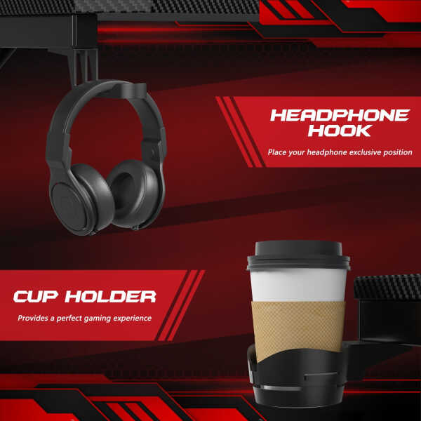 Homall 44 Inches Z-Shaped Gaming Desk Carbon Fiber Surface Desk with Cup Holder & Headphone Hook, Black