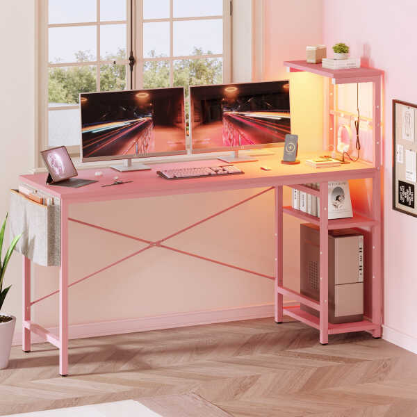 Bestier 61" Reversible Gaming Desk with PC Shelf Computer Desk with LED Light Carbon Fiber