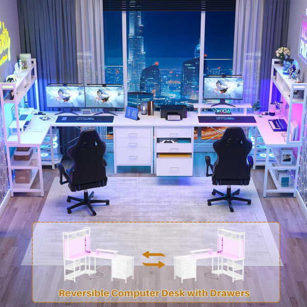 iSunirm L Shaped Gaming Desk with Storage, Computer Gaming Desk with LED Lights & Hutch, Reversible Computer Desk with Power