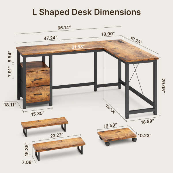 66" L Shaped Computer Desk with Power Outlets, Gaming Desk with Shelf and Drawers for Home Office, Retro Brown