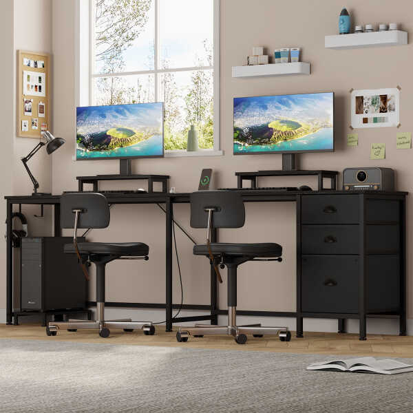 GIKPAL L Shaped Computer Desk, Reversible Gaming Desk with Drawers, Corner Desk with Storage Shelves & Monitor Stand, Home