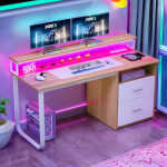 Dextrus 47 inch Computer Desk with Storage Drawers & LED Light, Office Desk with Monitor Stand & Power Outlets, Work Study PC