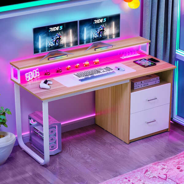 Dextrus 47 inch Computer Desk with Storage Drawers & LED Light, Office Desk with Monitor Stand & Power Outlets, Work Study PC