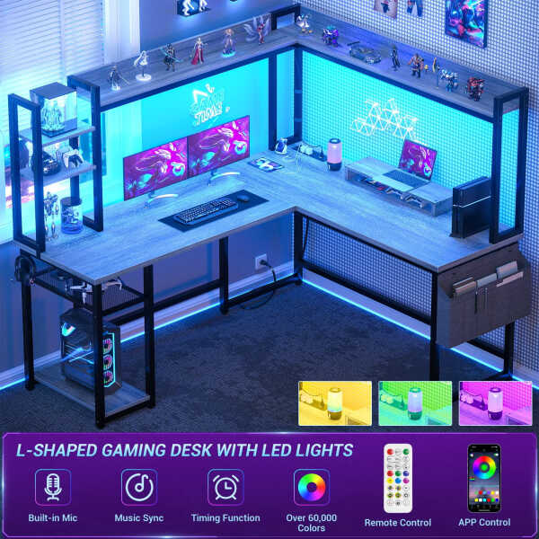 Homieasy L Shaped Desk with Power Outlet and LED lights, Reversible Corner Computer Desk with Hutch and Storage Shelf, Ergonomic