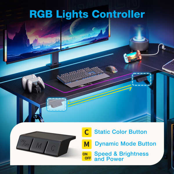 51 inch Gaming Desk with LED Lights & Power Outlet, Gaming Table with Movable Monitort Shelf Kids Desk Gift for Boys Men, Home