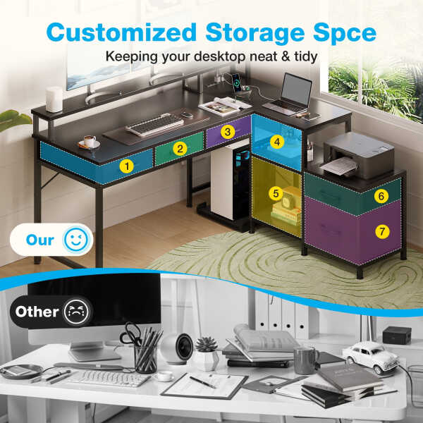 L Shaped Gaming Desk with File Drawer & Power Outlet, 53" Reversible Home Office Desk with Monitor Stand & Storage Drawers,