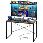Bestier Gaming Desk with Power Outlets & LED Light, 39.3 Inch Computer Desk Office Table with Storage Shelves Pegboard, Rustic