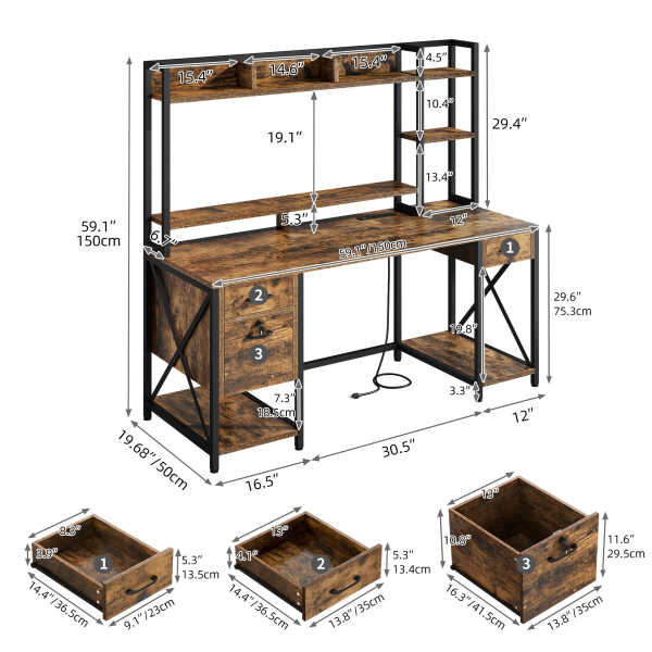 Dextrus 59.1"Computer Desk with Power Outlets & Hutch, Office Desk with Storage Shelves & Drawers with Lock, Gaming Desk with
