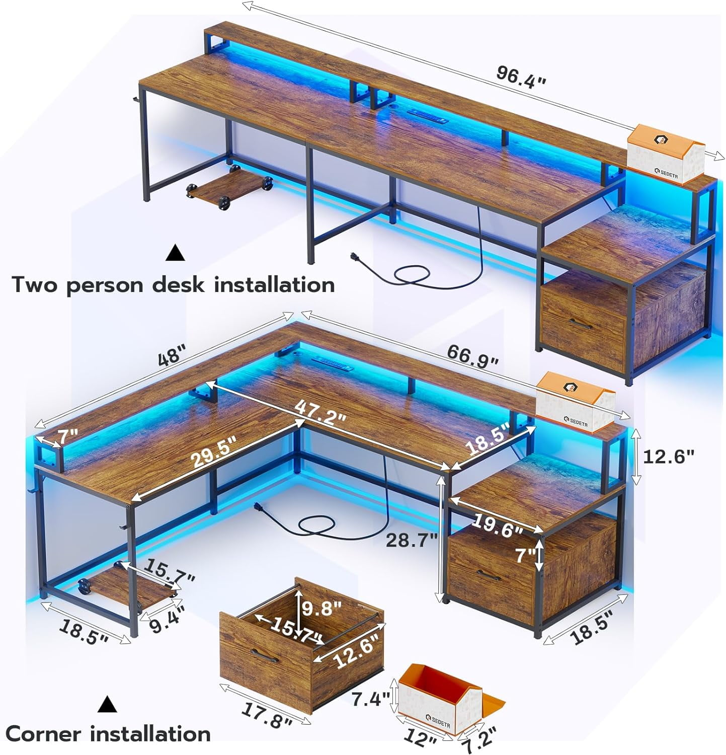 L Shaped Desk with Power Outlet and LED Lights, Corner Computer Desk with File Drawer for Home Office, Gaming Desk, Rustic Brown