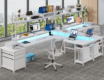 Enhomee L Shaped Desk, Gaming Desks with Power Outlet & LED Light Computer Deskwith Drawers & Storage Shelves Black