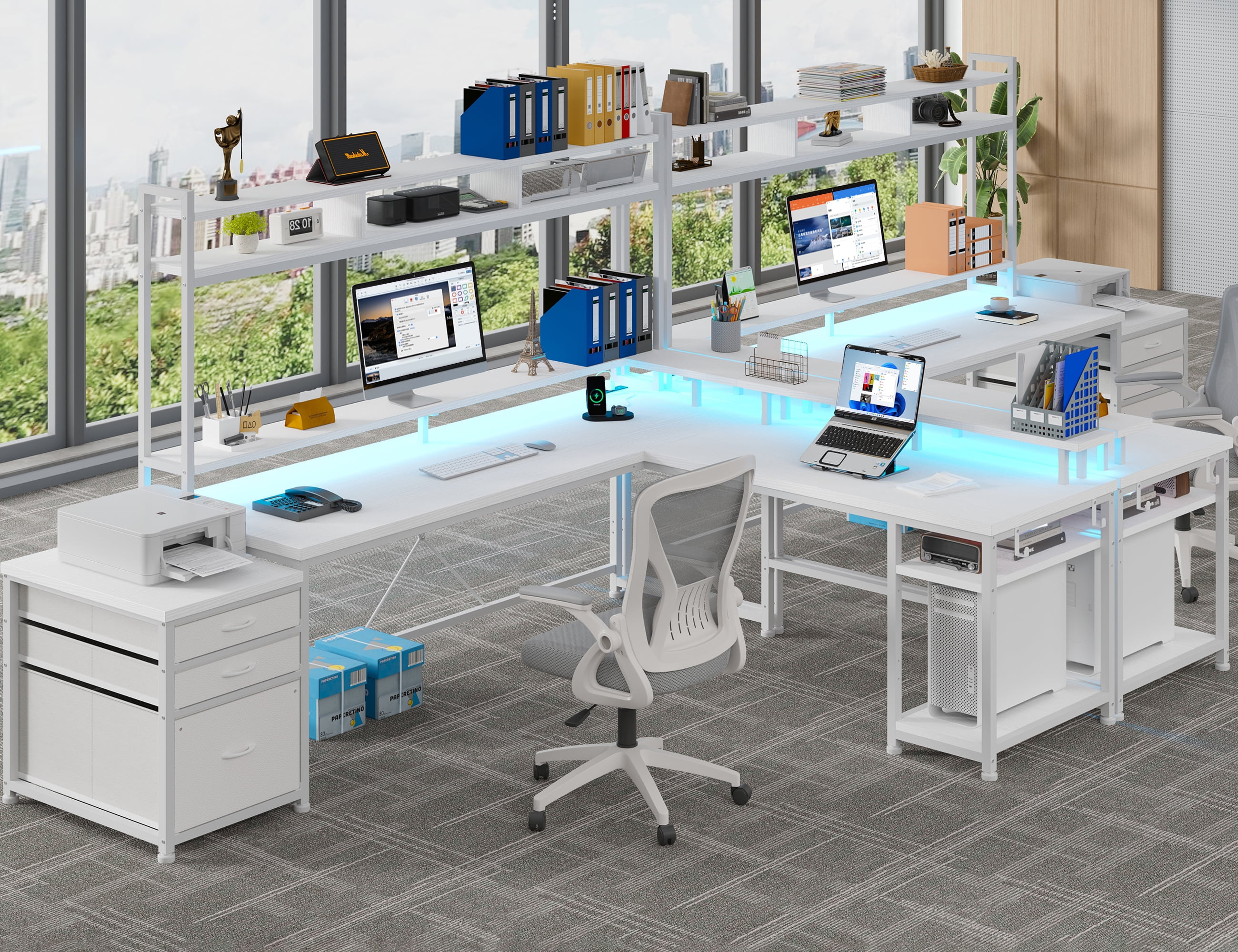 Enhomee L Shaped Desk, Gaming Desks with Power Outlet & LED Light Computer Deskwith Drawers & Storage Shelves Black