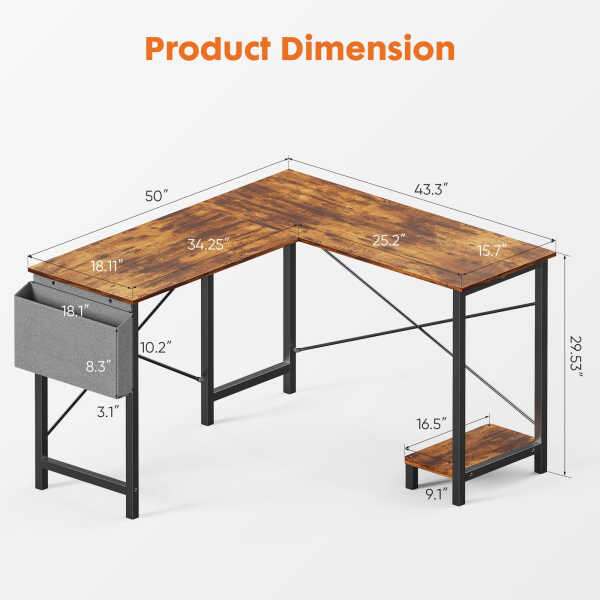 CONCETTA 49 Inch Modern L Shaped Computer Desk with Lower Storage Shelf & Side Bag, Two-Way Convertible Corner Gaming Table for