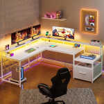 L Shaped Desk with Power Outlet and LED Lights, Corner Computer Desk with File Drawer for Home Office, Gaming Desk, Rustic Brown