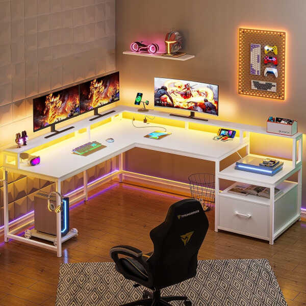L Shaped Desk with Power Outlet and LED Lights, Corner Computer Desk with File Drawer for Home Office, Gaming Desk, Rustic Brown