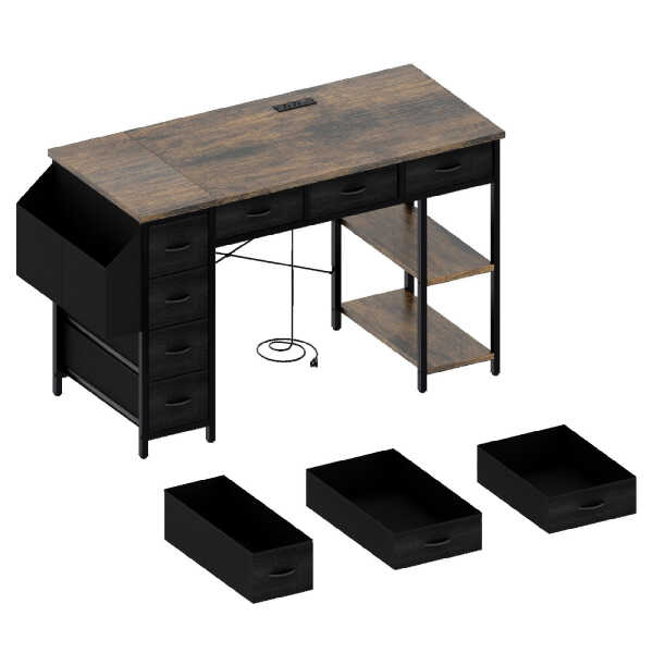 47" Computer Desk With Power Outlet,Writing Desk with 7 Fabric Drawers,Vanity table Drawers and Large Side Pocket,Rustic Brown