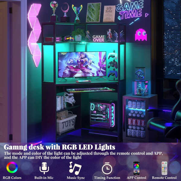Homieasy Corner Computer Desk with Power Outlets & LED Light, Corner Desk with Hutch, Triangle Gaming Desk with Keyboard Tray,