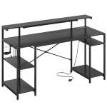 Bestier Gaming Desk with LED Light & Outlets 55" Computer Desk with Monitor Stand, Black Carbon Fiber