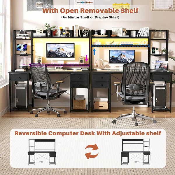 iSunirm Desk with LED Light and Power Outlet, 47.2'' Gaming Desk with Hutch, Reversible Computer Desk with Drawers, and Storage