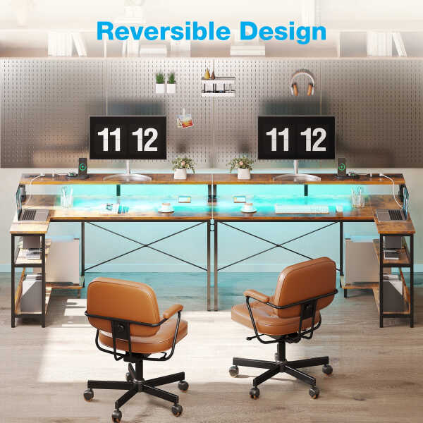 48 inch Reversible L Shaped Gaming Desk with LED Lights & Power Outlet, Corner Computer Desk with Storage Shelves & CPU Stand,