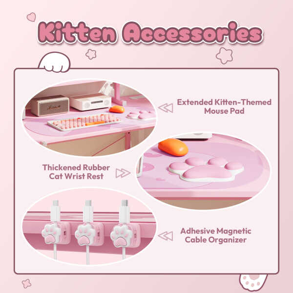 Dowinx 43" L-Shaped Gaming Desk Cute with Cat Accessories, Corner Desk with Power Outlet & Monitor Shelf for Adult and Girl,