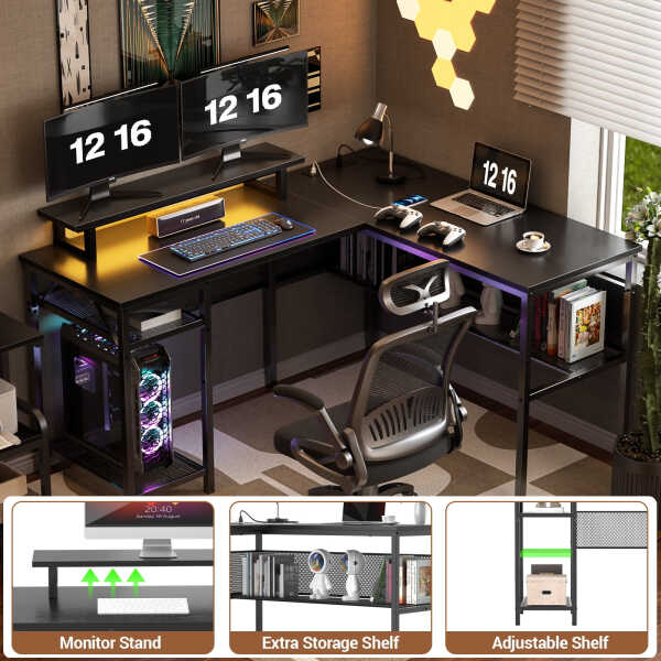 Homieasy L Shaped Computer Desk with Magic Power Outlets and Smart LED Light, Reversible 55 Inch Corner Office Desk with Monitor