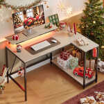 Pinmoco 42" Reversible L-Shaped Gaming Desk with Monitor Stand, LED Lights& Headset Hooks, Home Office, Carbon Fiber Black