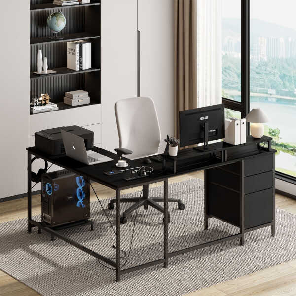 GIKPAL L Shaped Computer Desk, Reversible Gaming Desk with Drawers, Corner Desk with Storage Shelves & Monitor Stand, Home