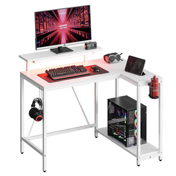 Pinmoco 42" Reversible L-Shaped Gaming Desk with Monitor Stand, LED Lights& Headset Hooks, Home Office, Carbon Fiber Black