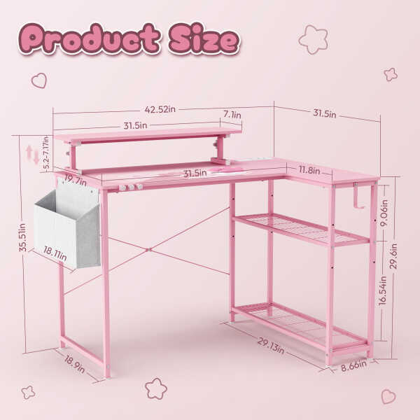 Dowinx 43" L-Shaped Gaming Desk Cute with Cat Accessories, Corner Desk with Power Outlet & Monitor Shelf for Adult and Girl,