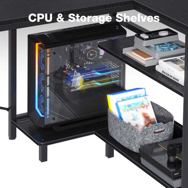 48 inch Reversible L Shaped Gaming Desk with LED Lights & Power Outlet, Corner Computer Desk with Storage Shelves & CPU Stand,