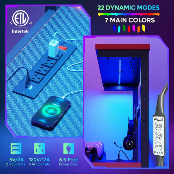 Bestier 61" Reversible Gaming Desk with PC Shelf Computer Desk with LED Light Carbon Fiber