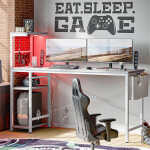 Bestier 61" Reversible Gaming Desk with PC Shelf Computer Desk with LED Light Carbon Fiber