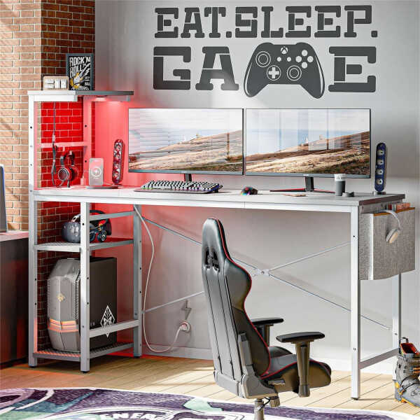 Bestier 61" Reversible Gaming Desk with PC Shelf Computer Desk with LED Light Carbon Fiber