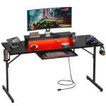Bestier 63" Gaming Desk with LED Lights & Power Outlets, Computer Desk with Monitor Stand & Keyboard Tray for Home Office,