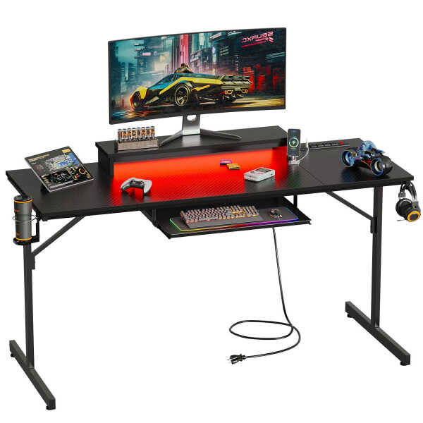 Bestier 63" Gaming Desk with LED Lights & Power Outlets, Computer Desk with Monitor Stand & Keyboard Tray for Home Office,