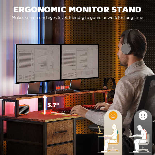 HOMCOM 66" Reversible L Shaped Desk with File Drawer, 105" Two Person Desk with Power Outlet and LED Light, Monitor Shelf and