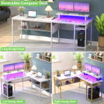 Homieasy L Shaped Computer Desk with Magic Power Outlets and Smart LED Light, Reversible 55 Inch Corner Office Desk with Monitor