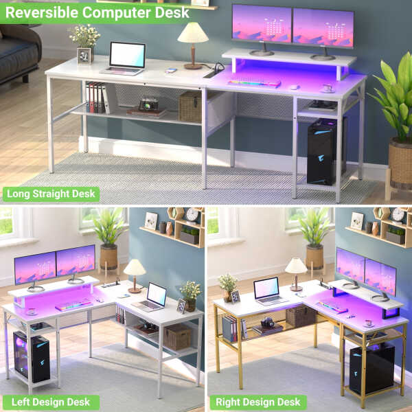 Homieasy L Shaped Computer Desk with Magic Power Outlets and Smart LED Light, Reversible 55 Inch Corner Office Desk with Monitor