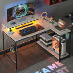 Pinmoco 42" Reversible L-Shaped Gaming Desk with Monitor Stand, LED Lights& Headset Hooks, Home Office, Carbon Fiber Black