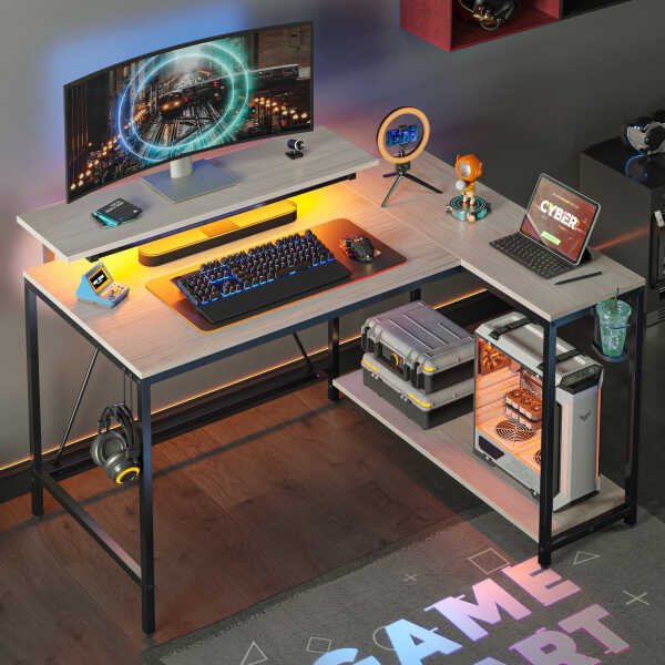 Pinmoco 42" Reversible L-Shaped Gaming Desk with Monitor Stand, LED Lights& Headset Hooks, Home Office, Carbon Fiber Black