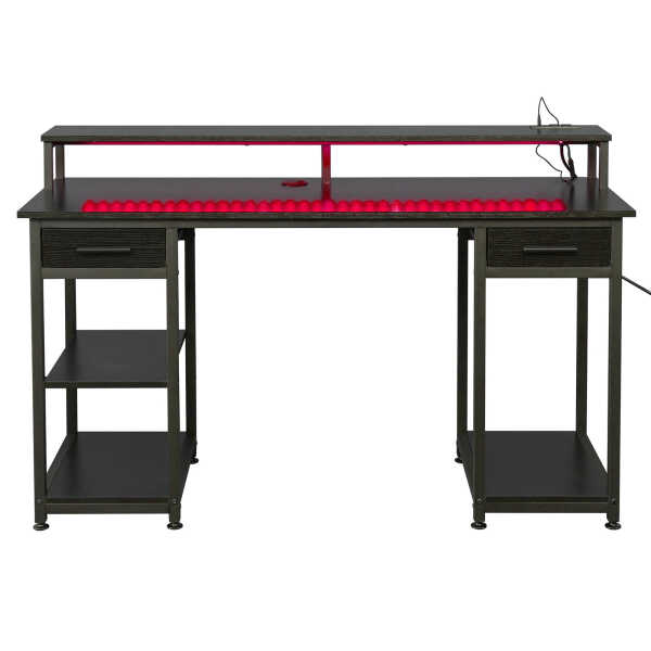 Ktaxon Gaming Desk with 2 Power Outlets&USB, Computer Desk with 15 Adjustable Light, Study Writing Table with Large Desktop, for