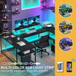 DWVO L Shaped Desk with Power Outlets & LED Lights, Reversible Computer Desk with Drawers & Storage Shelves, Large U Shaped