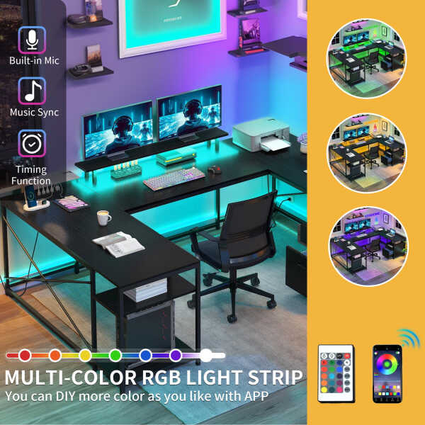 DWVO L Shaped Desk with Power Outlets & LED Lights, Reversible Computer Desk with Drawers & Storage Shelves, Large U Shaped