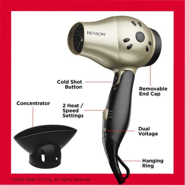 Revlon 1875W Folding Handle Ionic Travel Hair Dryer, Black and Gold