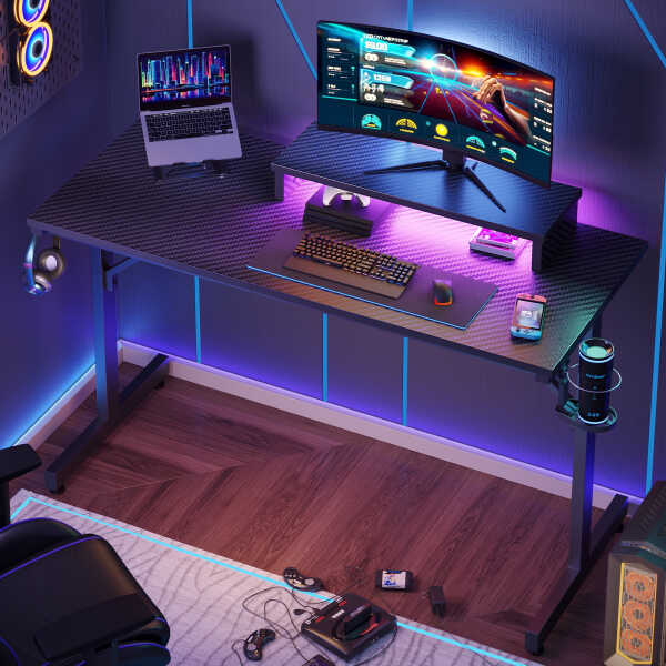 Bestier 42" Gaming Desk PC Computer Office Gamer Table Desk with LED Lights & Monitor Stand in Red