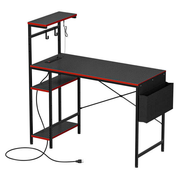 ZENY Gaming Desk with Power Outlets, 44 Inch LED Computer Desk with Side Storage Bag for Bedroom Home Office Black