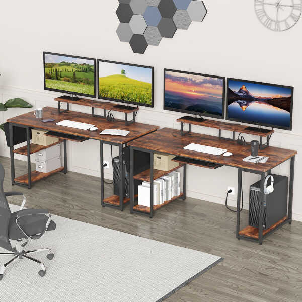 53" Gaming Desk with LED Lights & Power Outlets, Modern Computer Desk with Monitor Stand & Storage Sheves for Home Office, Black