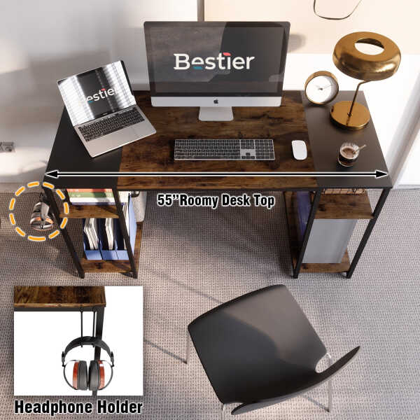 Bestier 55 Inches Computer Desk PC Laptop Table with 4 Storage Shelves in Rustic Brown