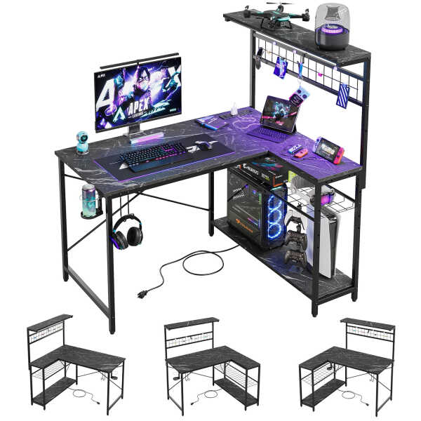 Bestier 42 inch Gaming Desk with LED Lights & Power Outlet, Reversible L Shaped Computer Desk with Hutch & Storage Shelves,