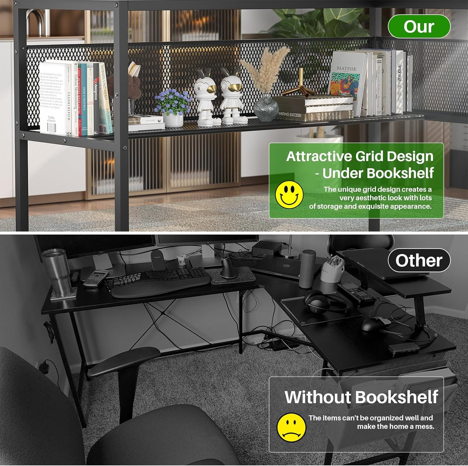 Homieasy L Shaped Computer Desk with Magic Power Outlets and Smart LED Light, Reversible 55 Inch Corner Office Desk with Monitor